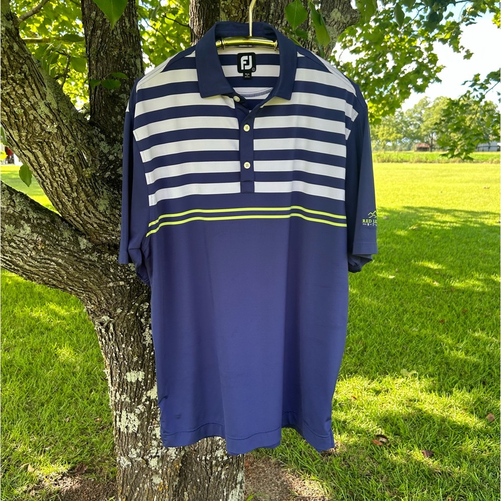 FootJoy Navy Blue White Striped Golf Polo with Lime Accent